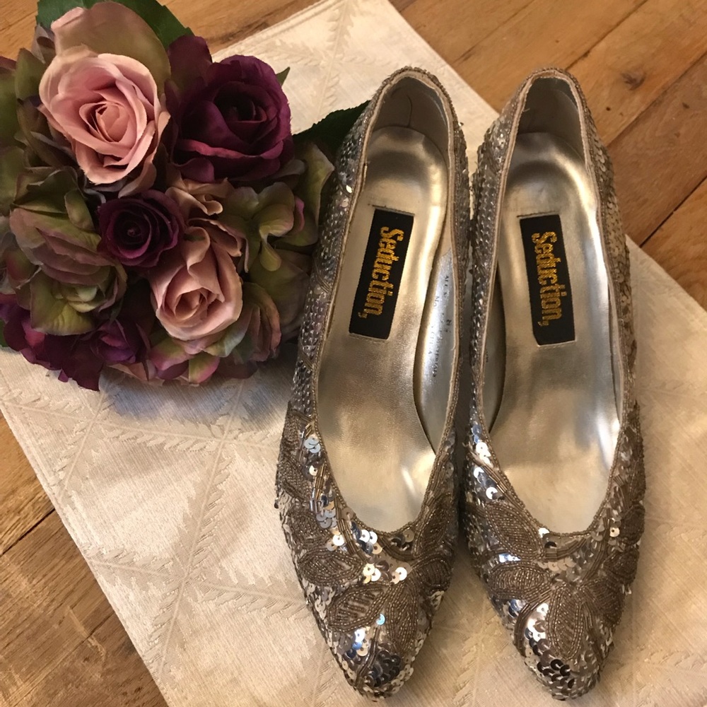 Silver sequins and gold beaded 3 inch high heels